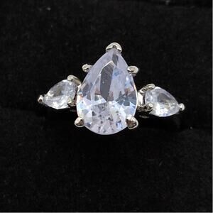 Silver Tone Pear Shape Crystal Statement Engagement Ring Size 5.75
